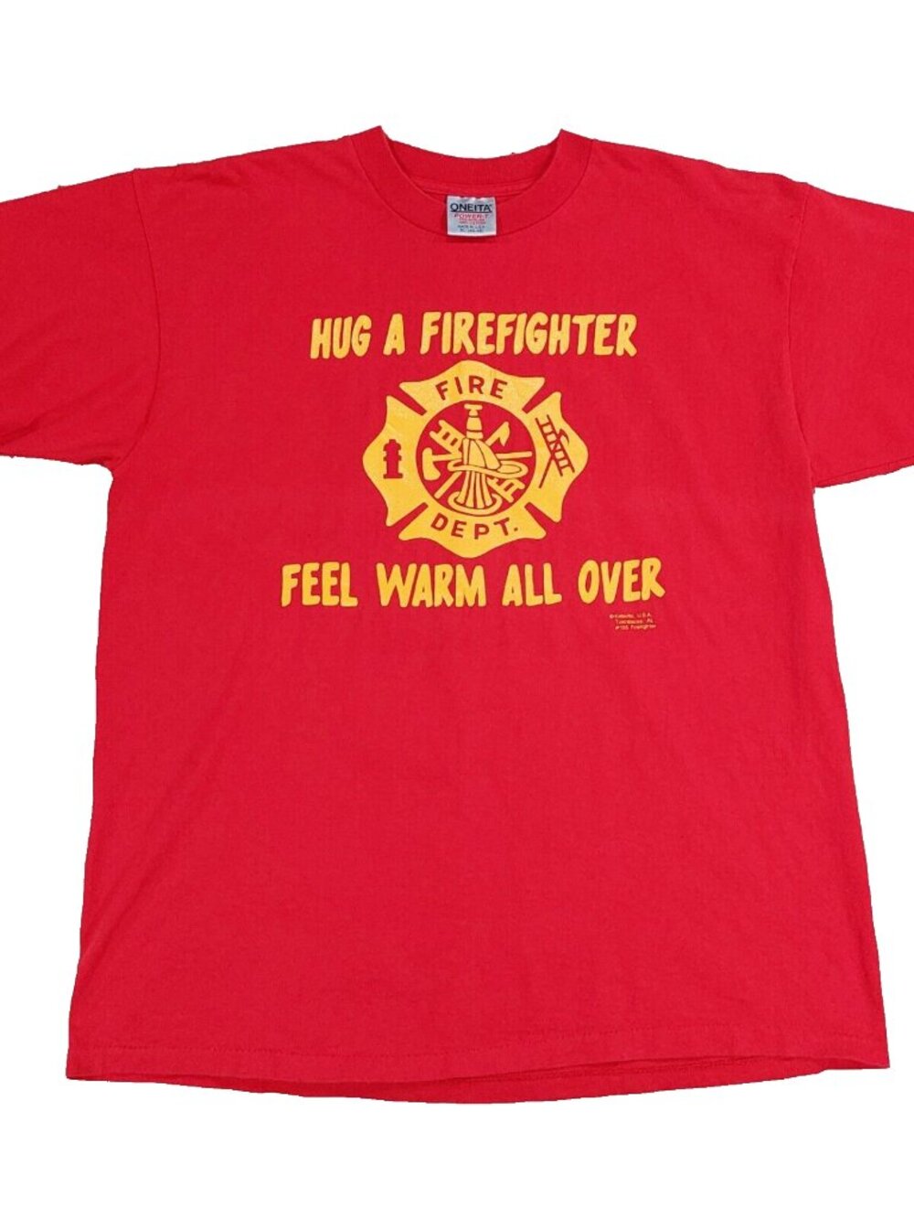 Vintage 80s/90s Hug A Firefighter Joke T-Shirt XL, Oneita Single Stitched EMS